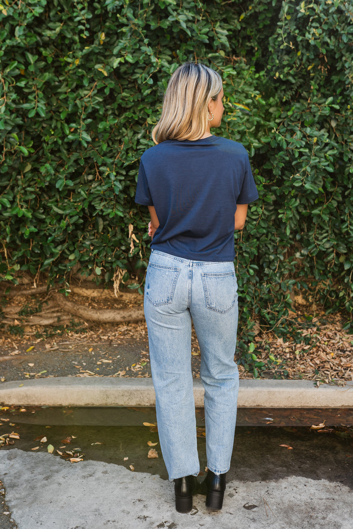 Lexi Mid Rise Bowed Straight Leg Jean