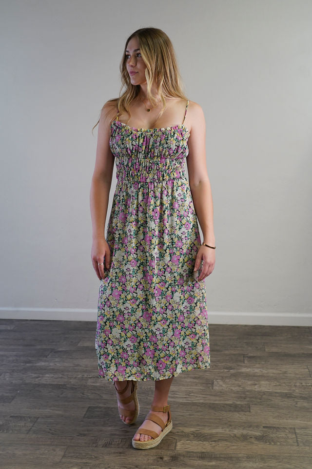 Elastic Waist Floral Midi Dress