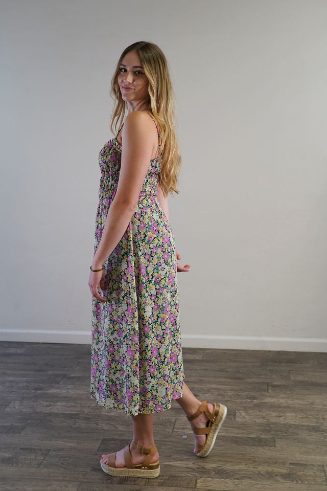 Elastic Waist Floral Midi Dress