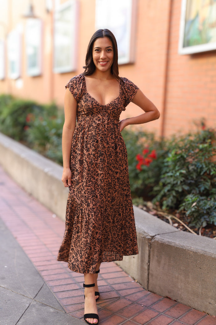 Chestnut Floral Short Sleeve Midi Dress