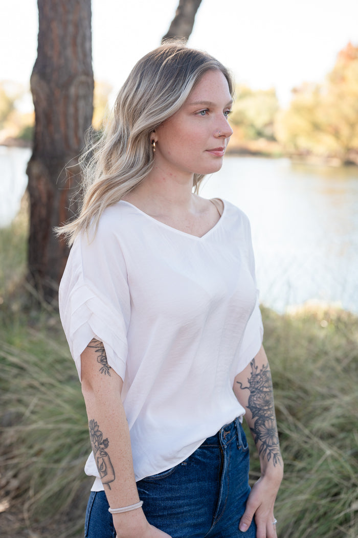 V Neckline Satin Blouse W/ Sleeve Detail