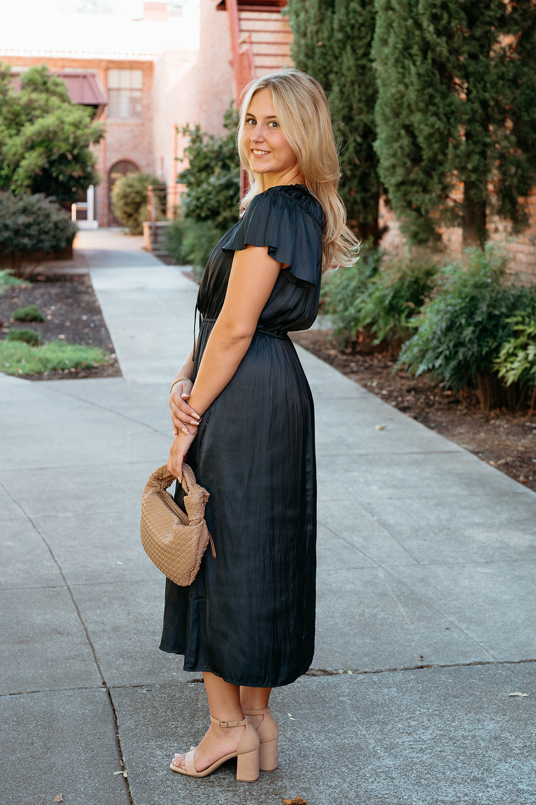 Satin Ruffle Sleeve Midi Dress w/ Neck Tie Deep Navy / Medium