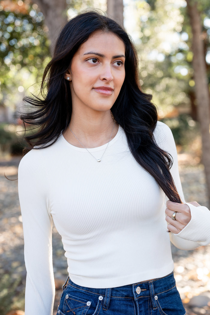 Ribbed High-Neck Cropped Long-Sleeve