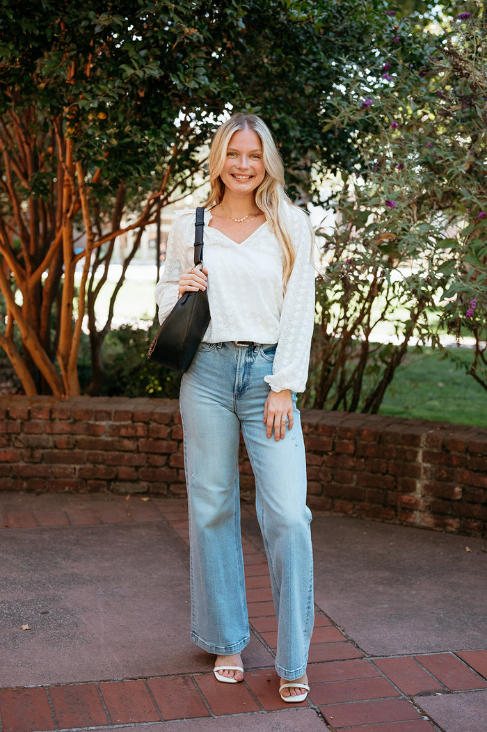 Floral Eyelet Split Neck Blouse W/ Elastic Hem