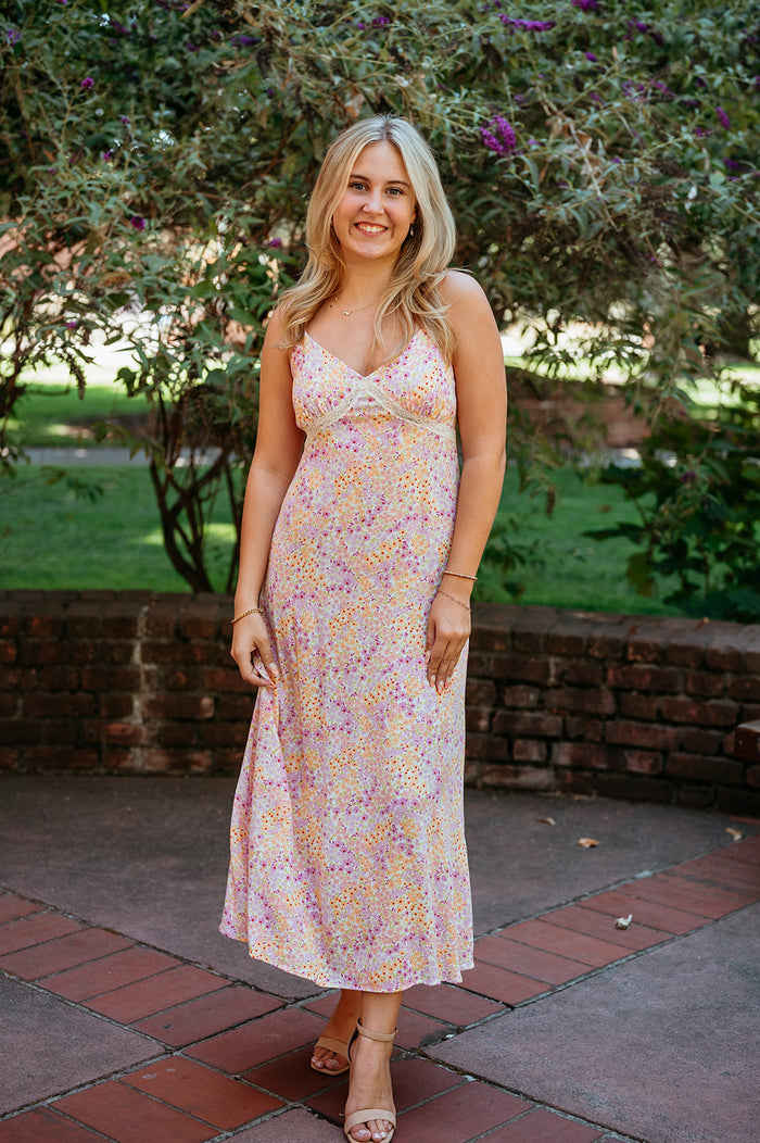 Clearance - Cotton Candy Floral Maxi Dress W/ Lace Sweetheart Detail