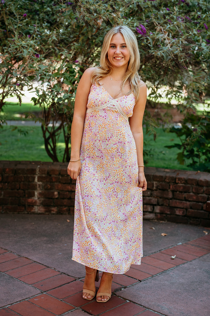 Clearance - Cotton Candy Floral Maxi Dress W/ Lace Sweetheart Detail