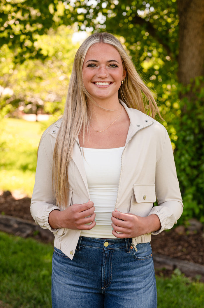 Zip Up Jacket W/ Front Pockets and Elastic Waistband