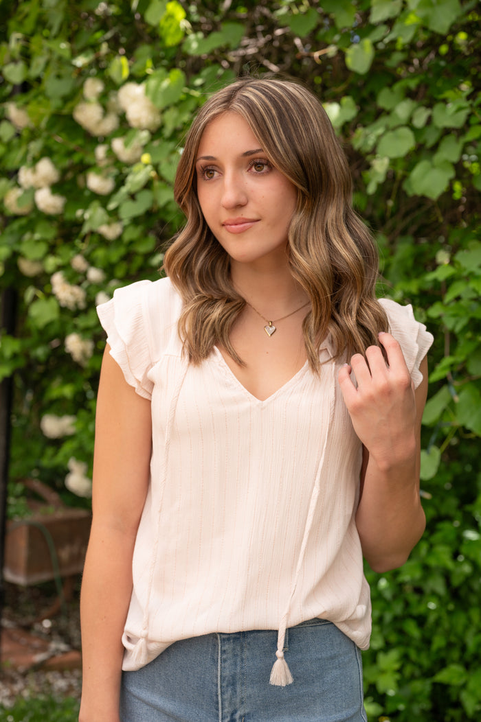 Clearance - Two Tiered Flutter Sleeve Top W/ Tassel Ties