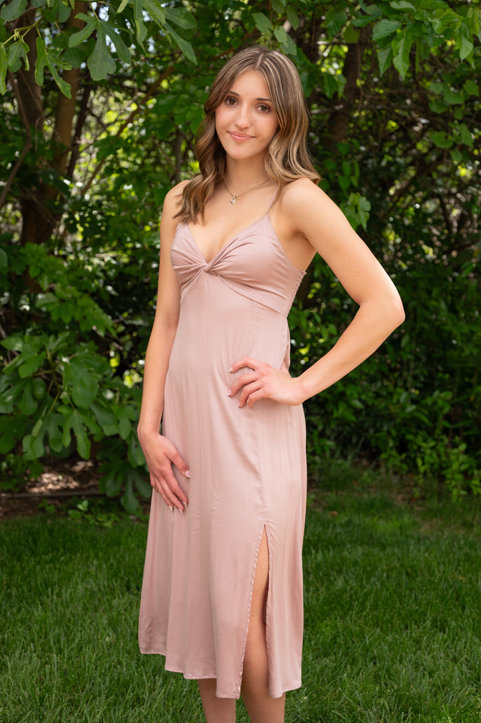 CLEARANCE- Twist Front Ruched Midi Dress