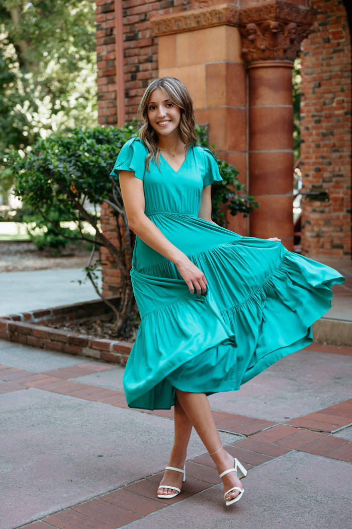 Tiered Midi Dress with Flutter Sleeve