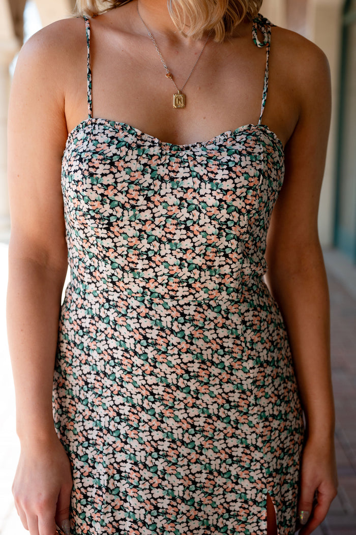Side By Side Floral Midi Dress W/ Side Slit