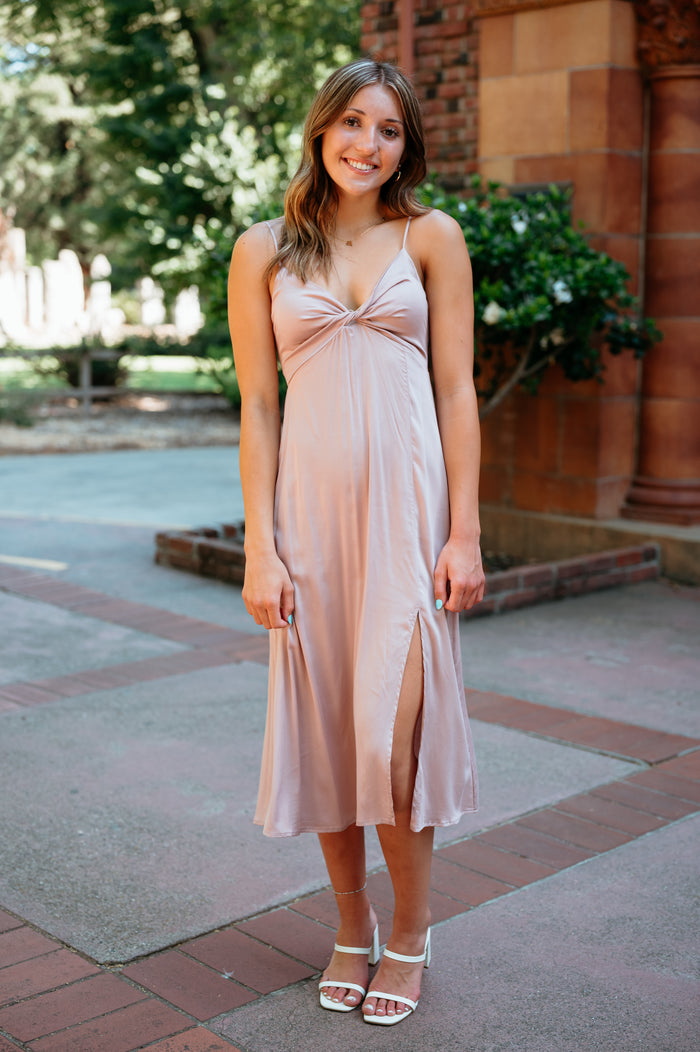 CLEARANCE- Twist Front Ruched Midi Dress