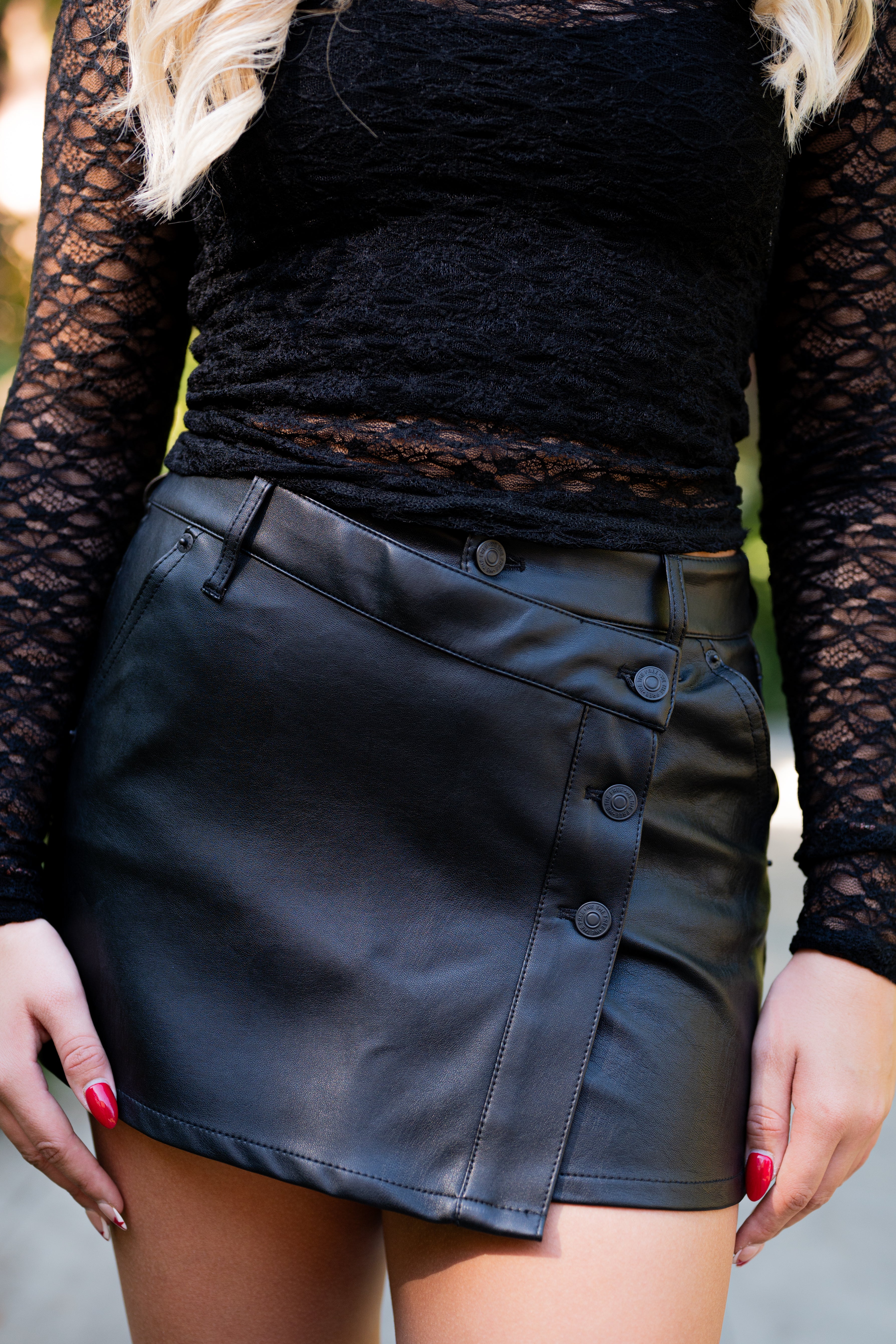 Wynne Vegan Leather Mini Skirt W/ Crossover Buttons – For Elyse