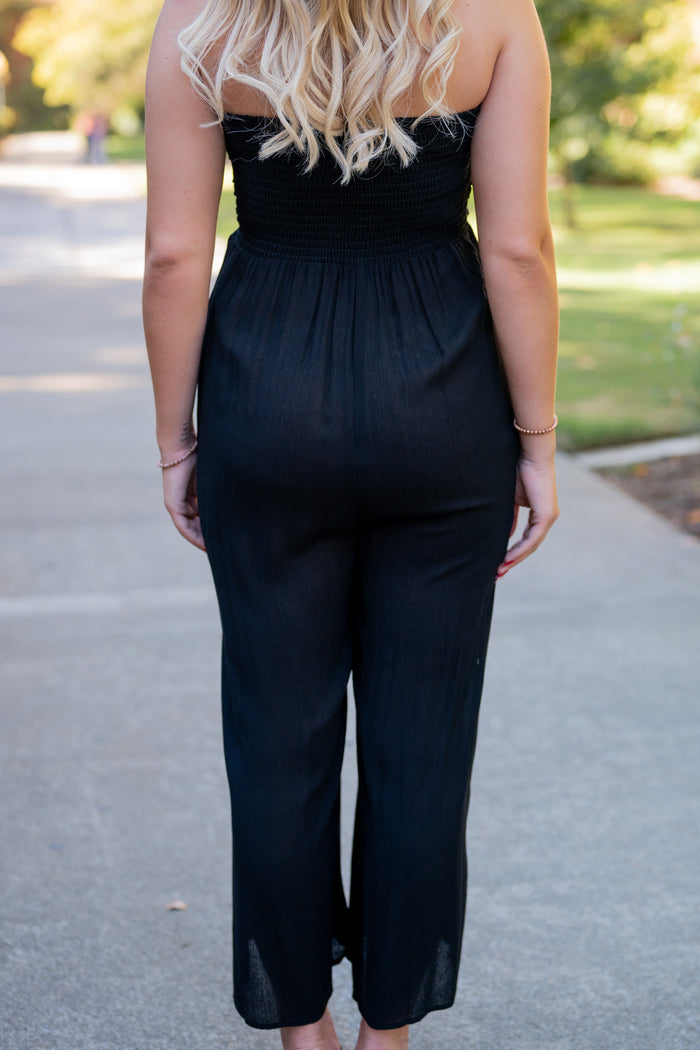CLEARANCE-Front Tie Tank Jumpsuit With Back Smocked Detail