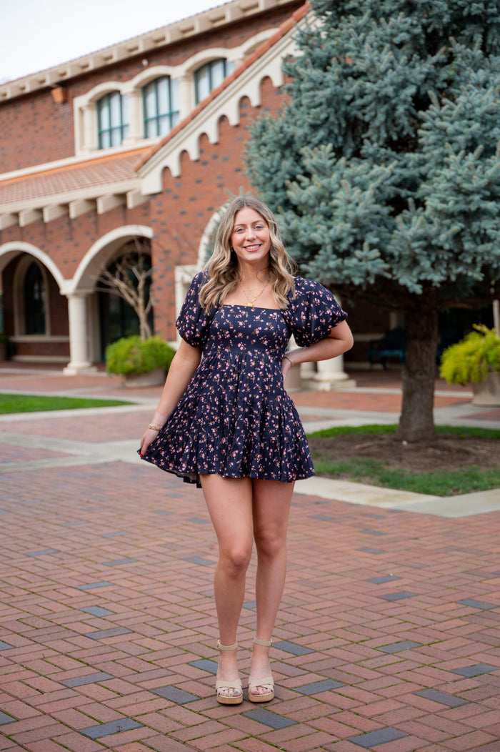 Midnight Floral Puff Sleeve Mini Dress
