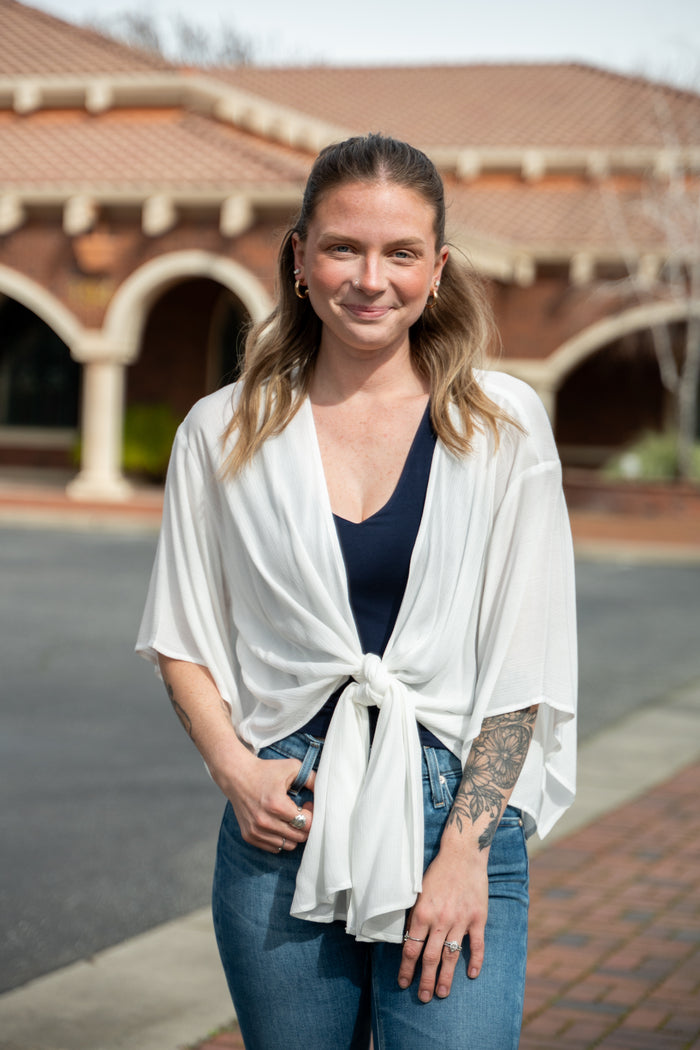 Three Quarter Tie Front Short Sleeve Kimono