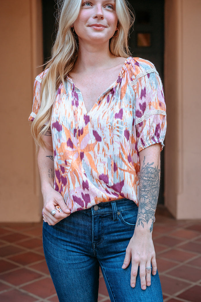 Short Puff Sleeve Split Neck Blouse