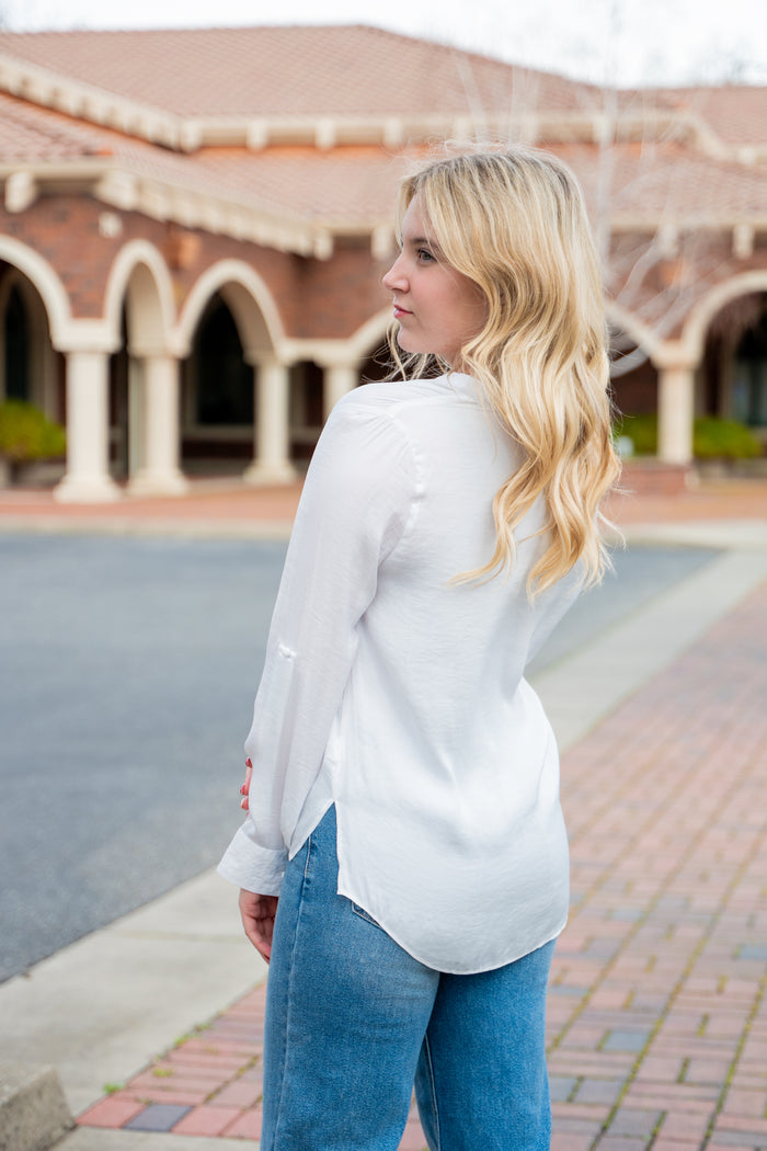 Collared Rolled Sleeve Satin Button Up