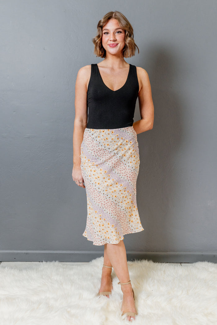 CLEARANCE- Floral Satin Montauk Midi Skirt