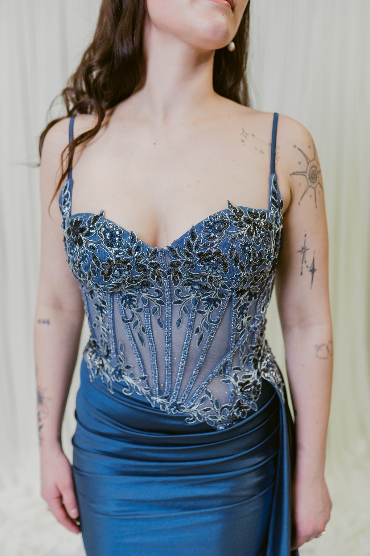 Star of the Scene Embellished Satin Lace Corset Dress