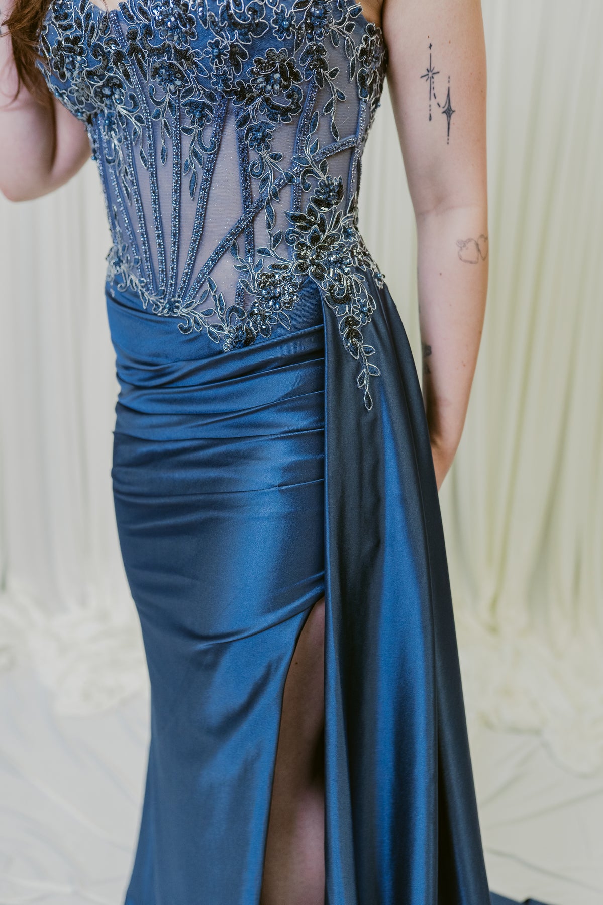 Star of the Scene Embellished Satin Lace Corset Dress