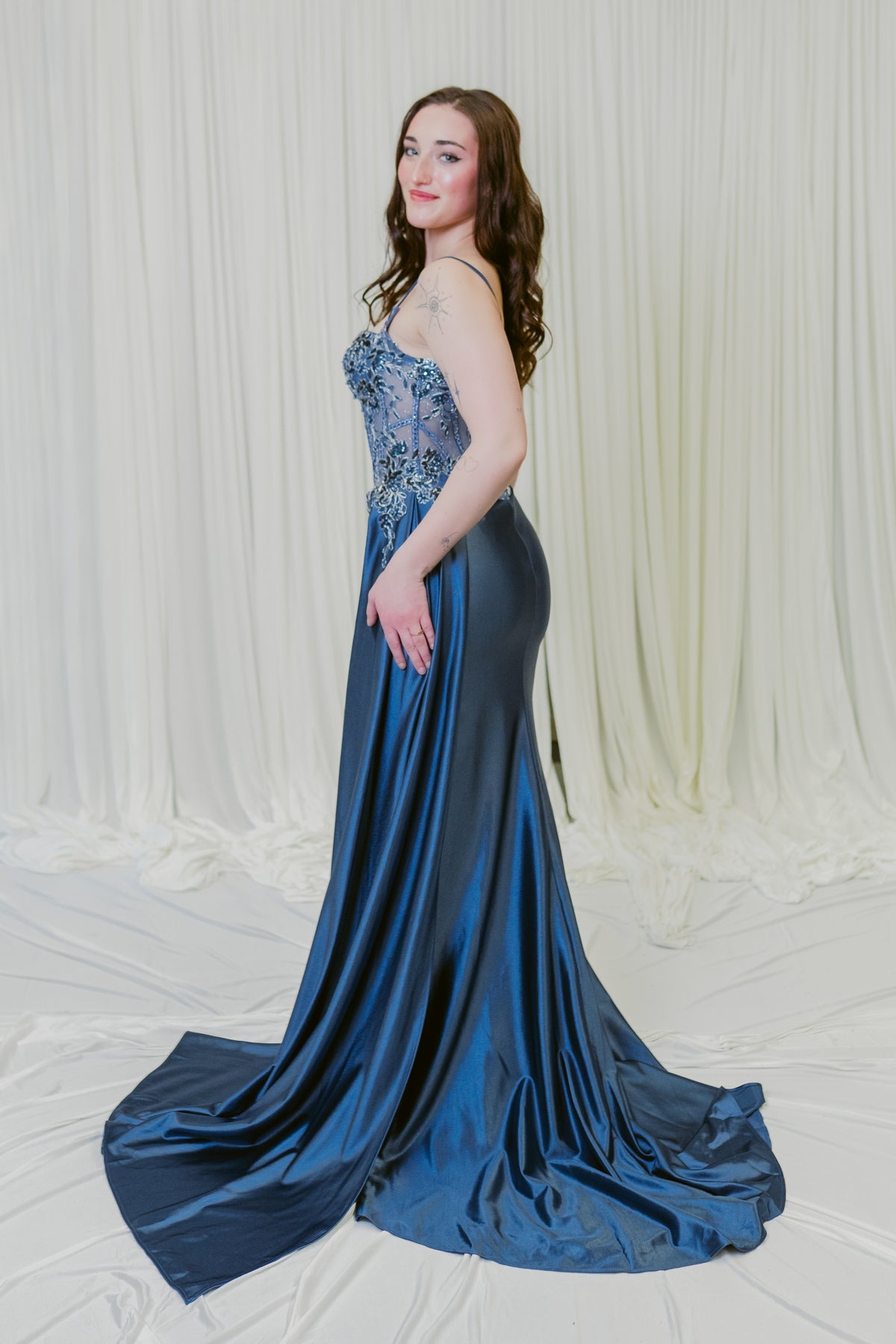 Star of the Scene Embellished Satin Lace Corset Dress