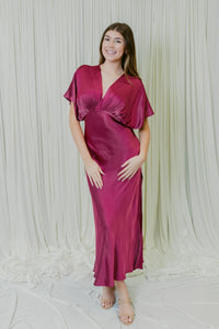 Flouncy Sleeve Maxi Dress W/ Side Slit & Underbust Seam