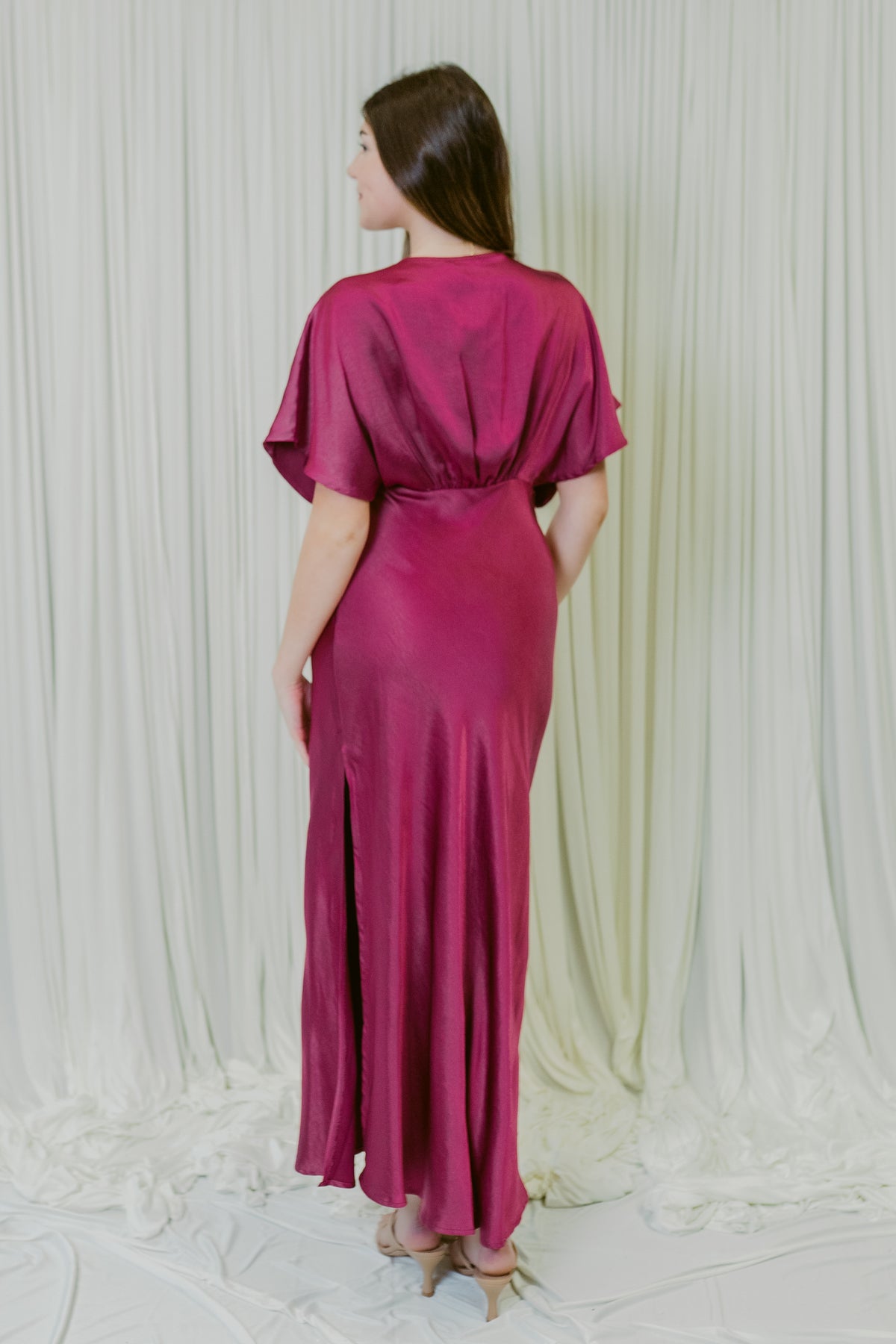 Flouncy Sleeve Maxi Dress W/ Side Slit & Underbust Seam