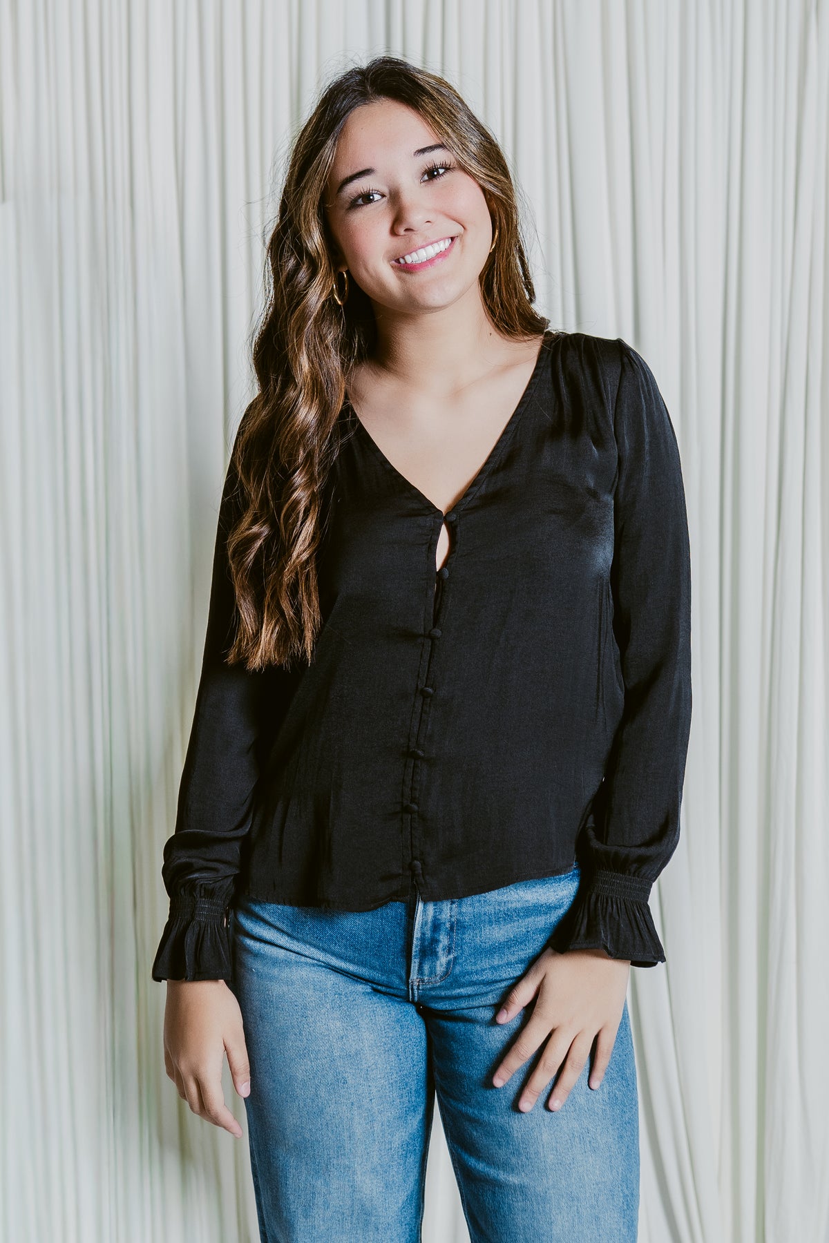 Signature Button Front Long Sleeve Blouse