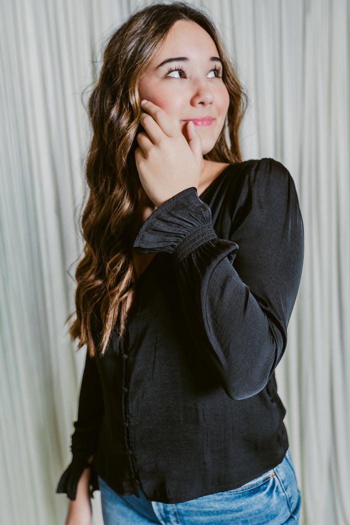 Signature Button Front Long Sleeve Blouse