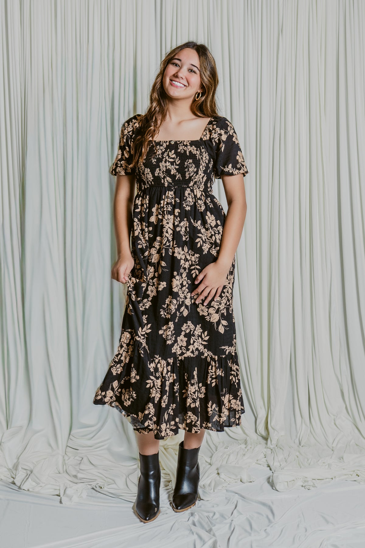 Autumn Bloom Button Front Square Neck Midi Dress