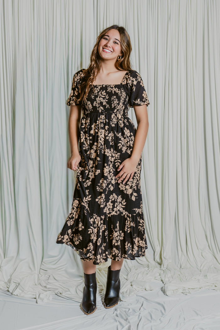 Autumn Bloom Button Front Square Neck Midi Dress