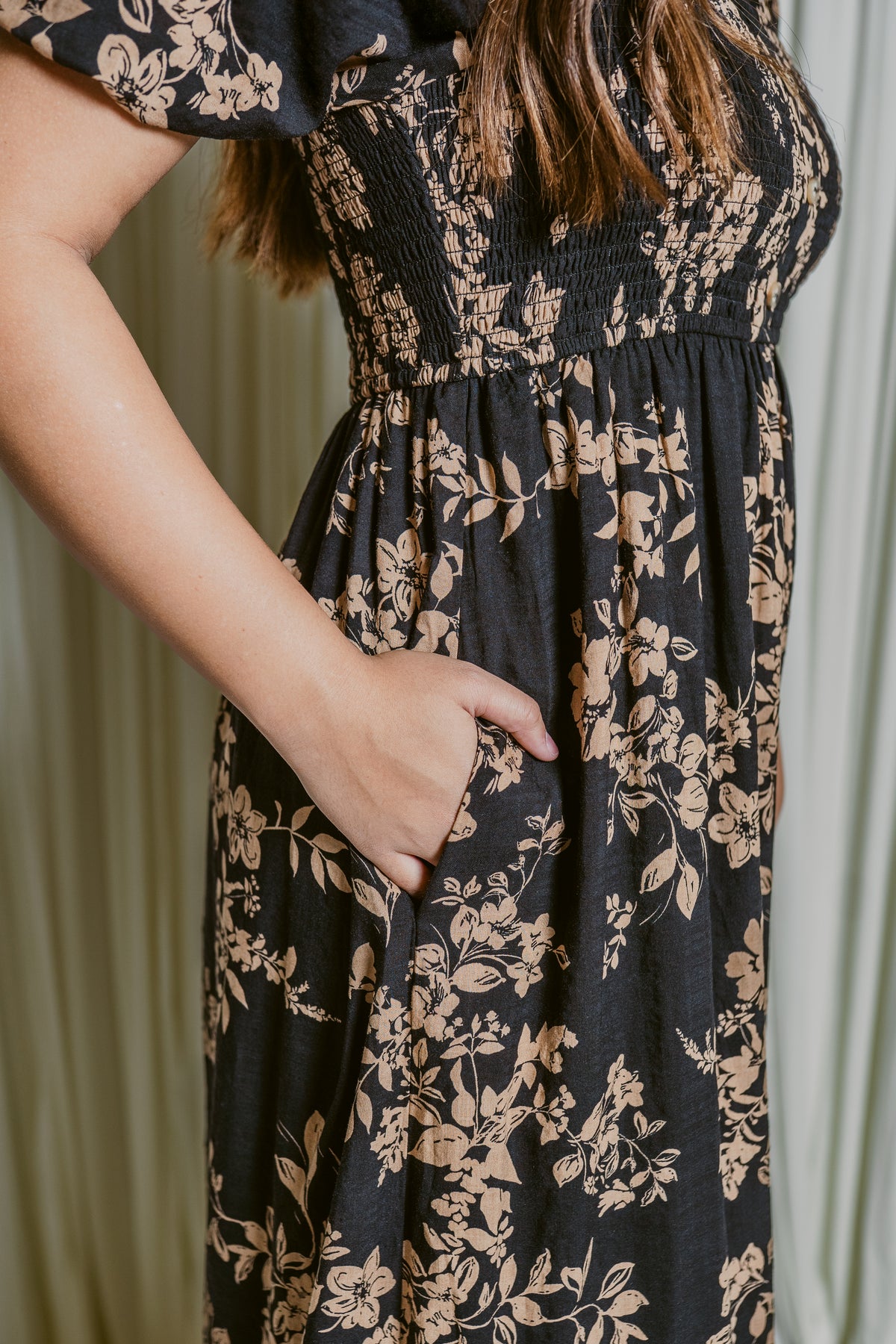 Autumn Bloom Button Front Square Neck Midi Dress