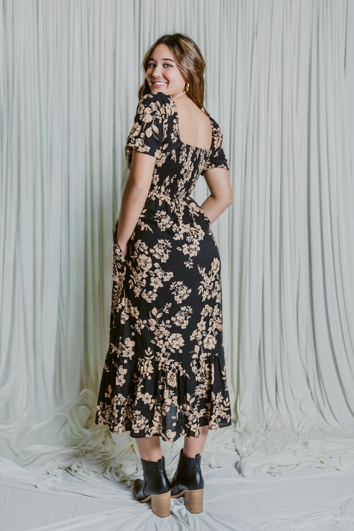 Autumn Bloom Button Front Square Neck Midi Dress