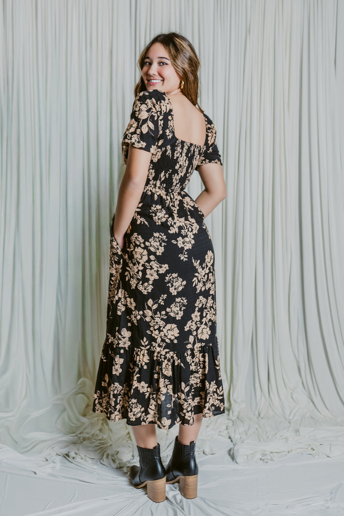 Autumn Bloom Button Front Square Neck Midi Dress