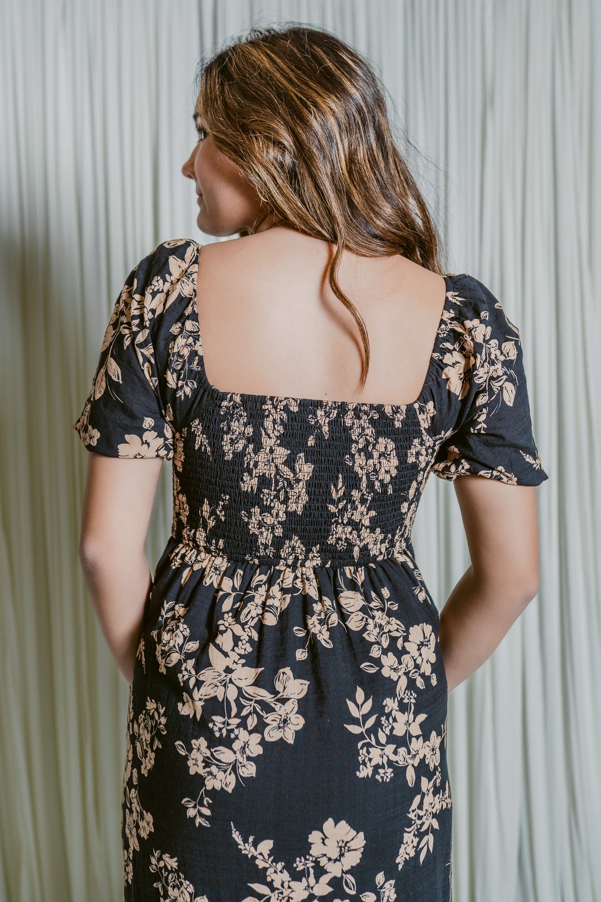 Autumn Bloom Button Front Square Neck Midi Dress