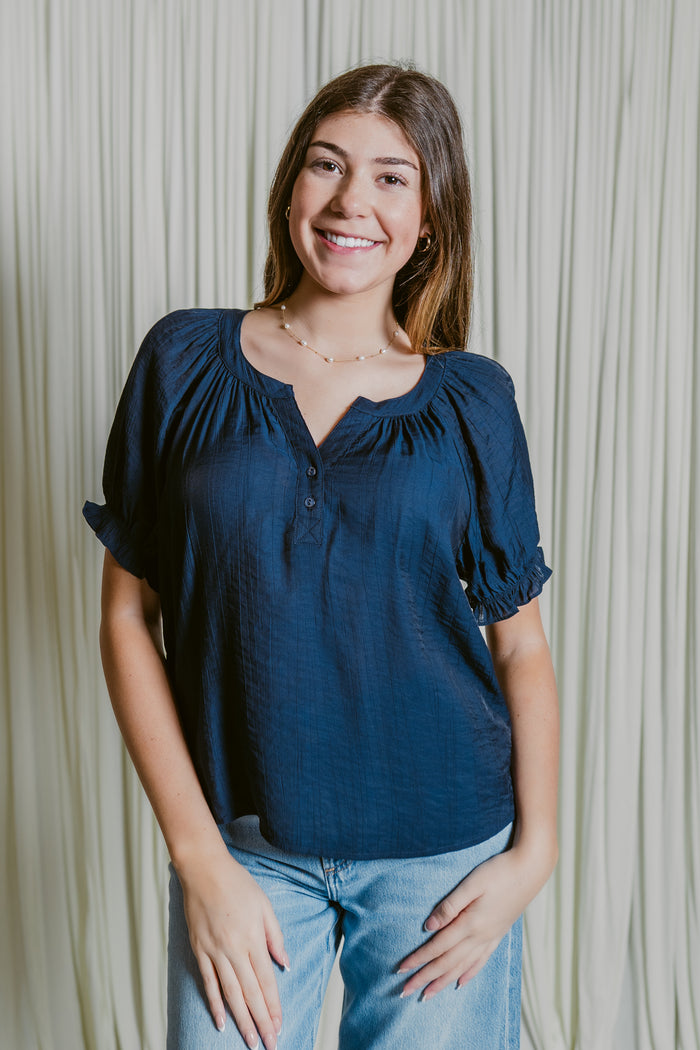 Ellis Pintuck Puff Sleeve Blouse W/ Buttons