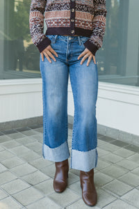 High Rise Scissor Cut Cuffed Slim Wide Leg