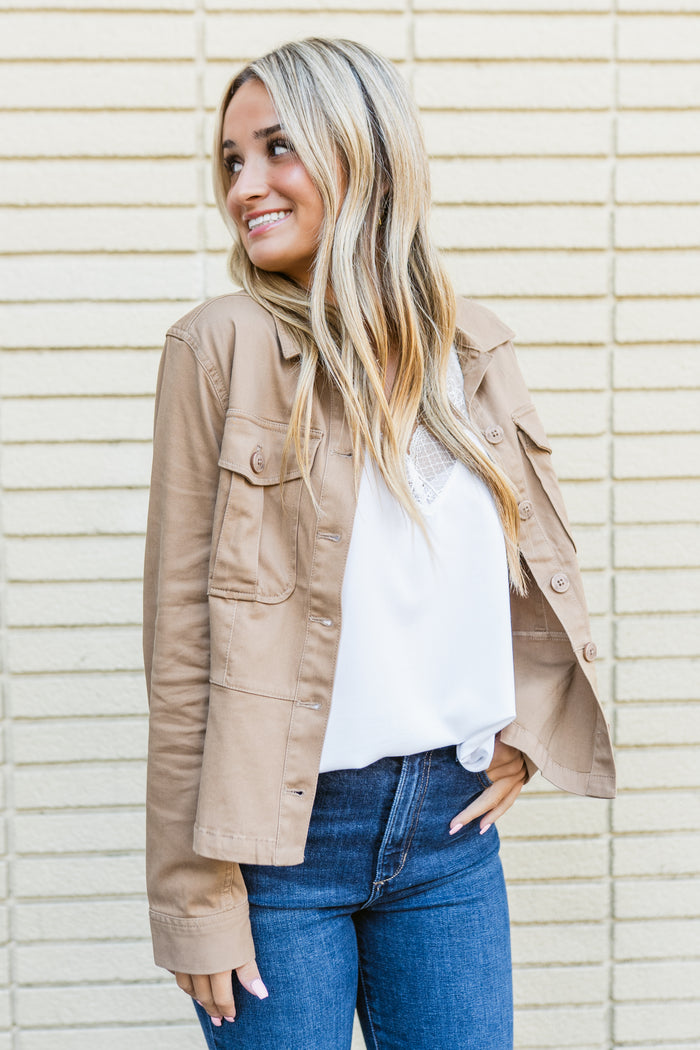 Peplum Hem Trucker Jacket W/ Front Patch Pockets