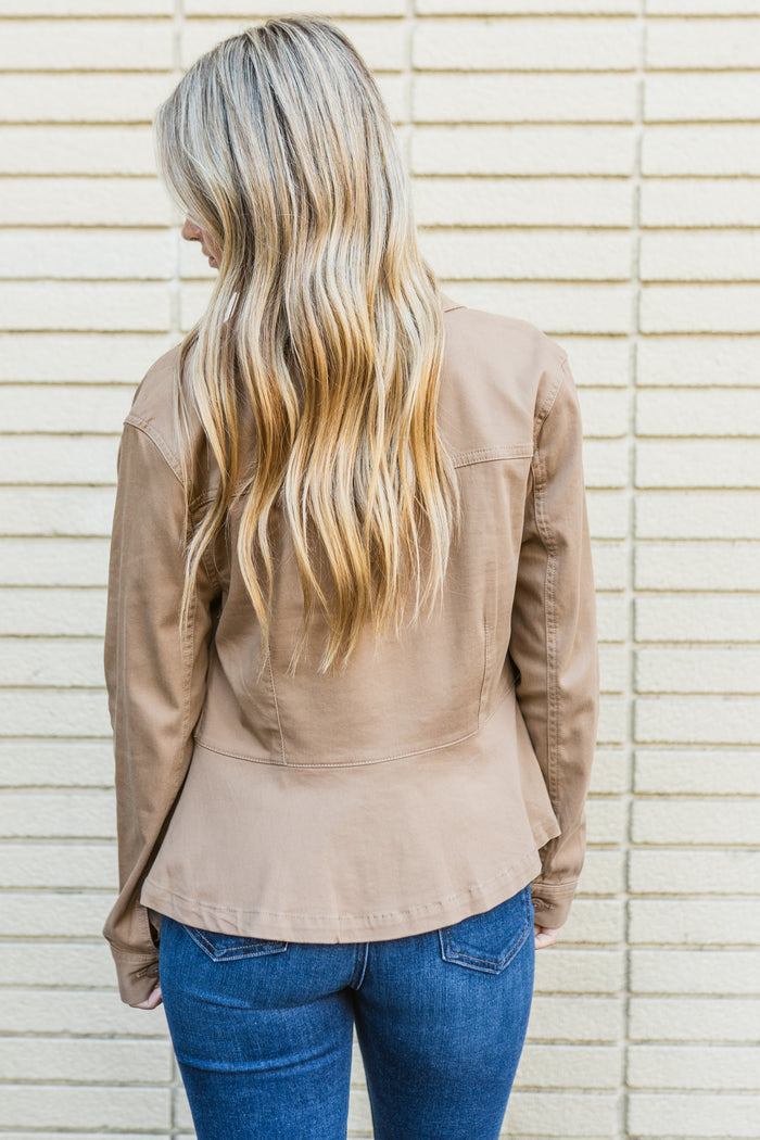 Peplum Hem Trucker Jacket W/ Front Patch Pockets