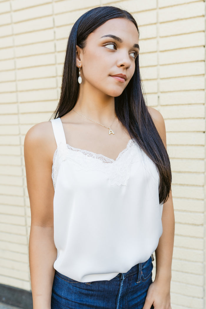 Satin Secrets V-Neck Flowy Tank W/ Lace Trim