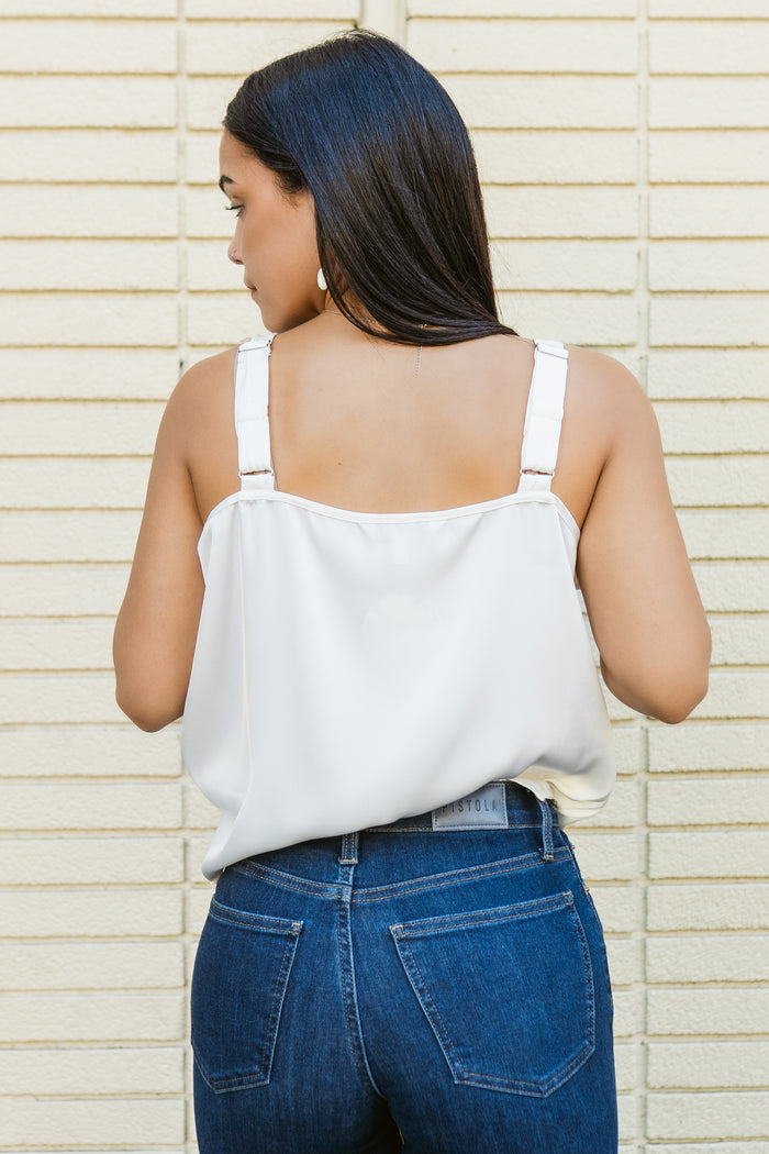 Satin Secrets V-Neck Flowy Tank W/ Lace Trim