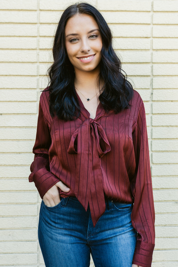 Sawyer Striped Front Tie Button Up Blouse