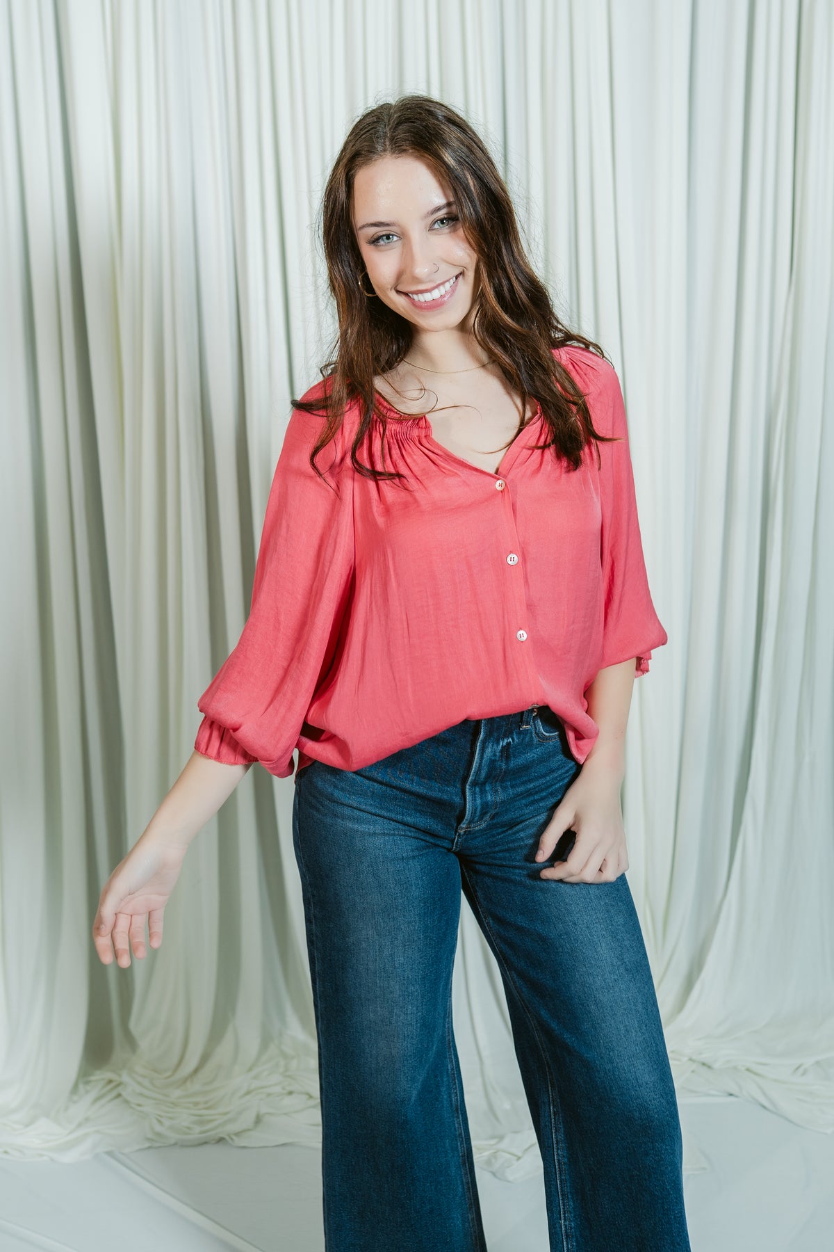 The Perfect Pink V-Neck Button Down