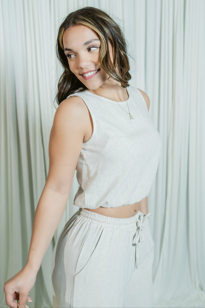 Seabreeze Linen Elastic Hem Crop Top
