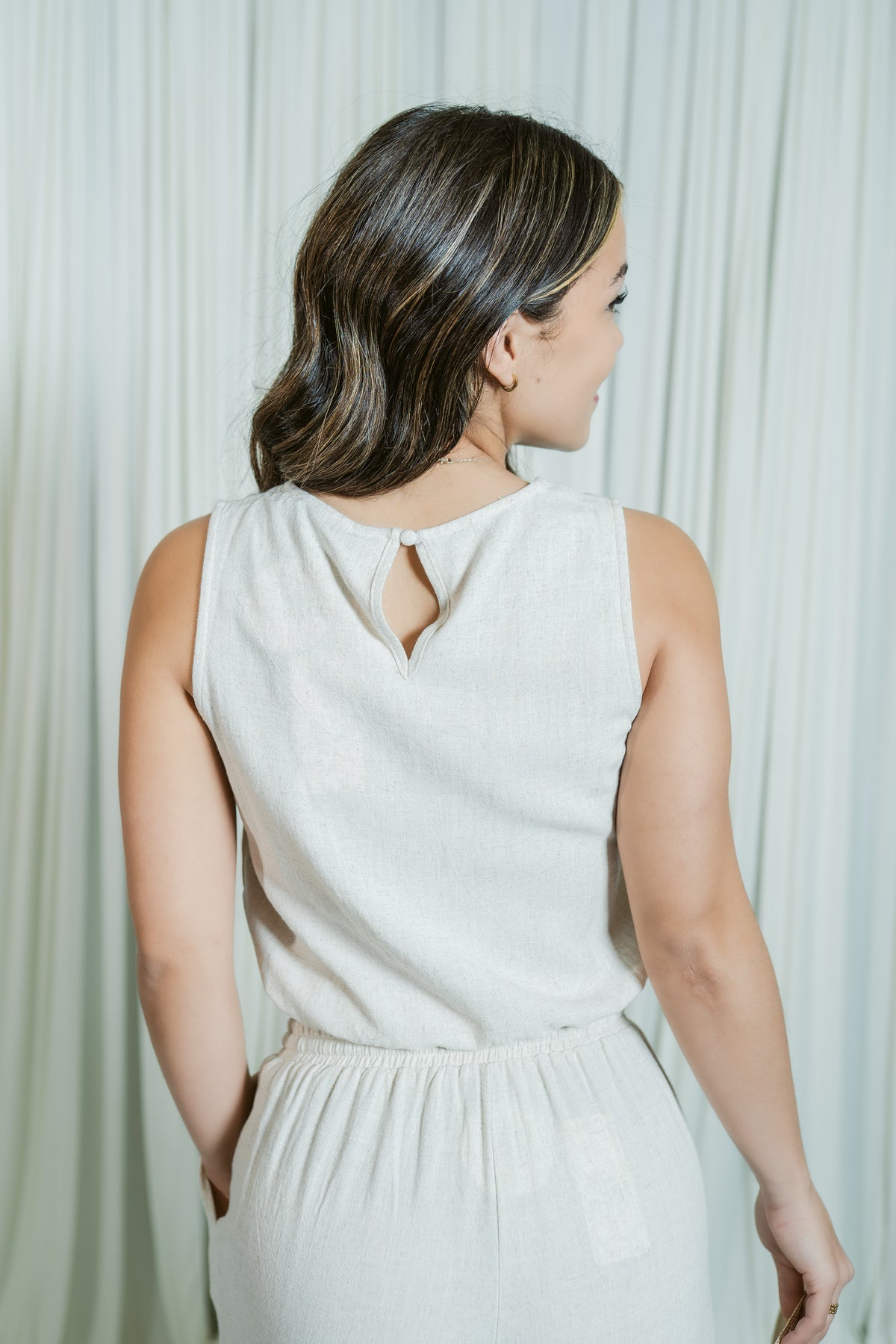 Seabreeze Linen Elastic Hem Crop Top