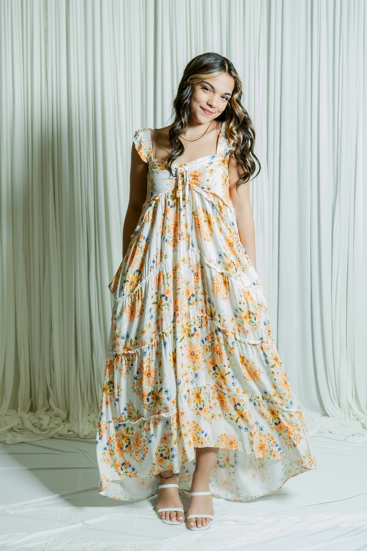 Marigold Muse Ruffle Sleeve Tiered Hi-Low Ruffle Maxi Dress