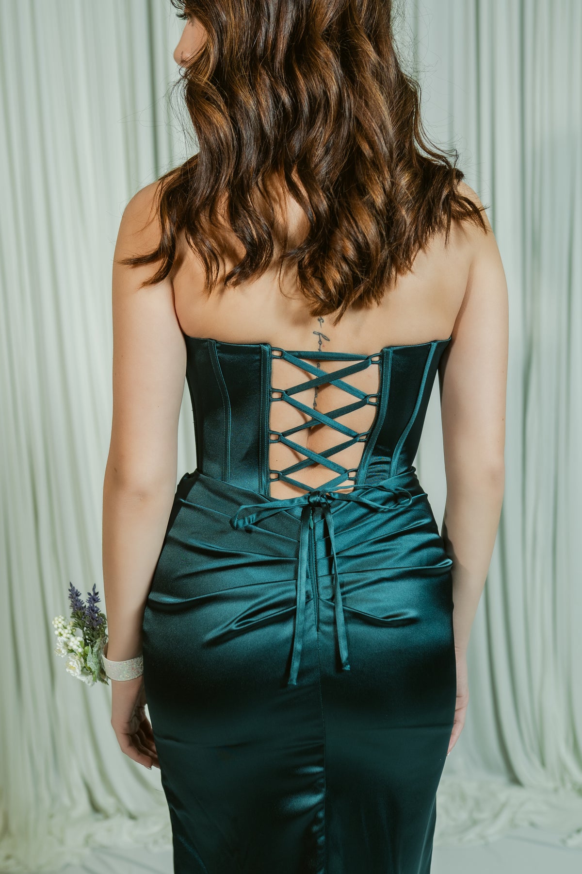 structured formal dress LaDivine CD713 Fitted Long Beaded Corset Evening Prom Lace with bead and sequin embroidery Lining Elegant A-line Black Satin Dress