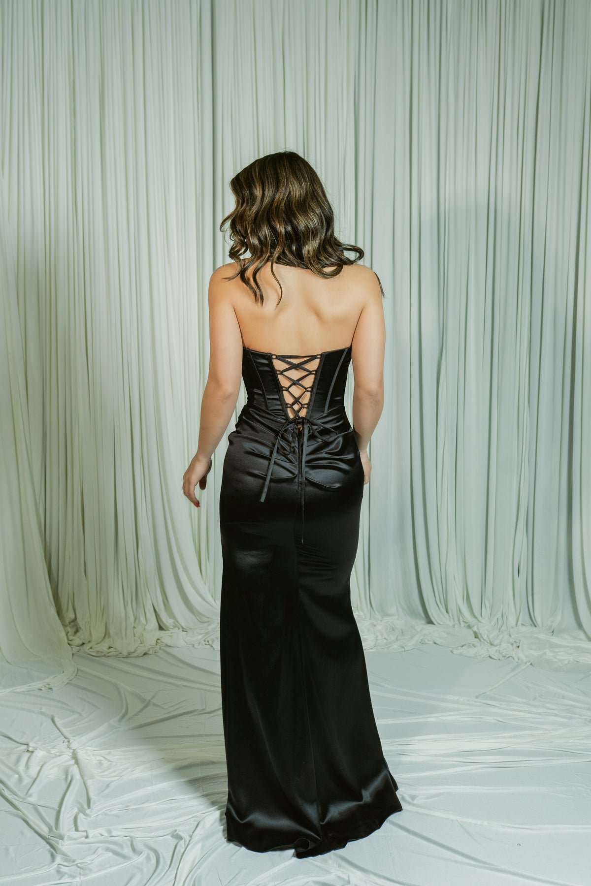 Siren Satin Strapless Structured Corset Formal Dress