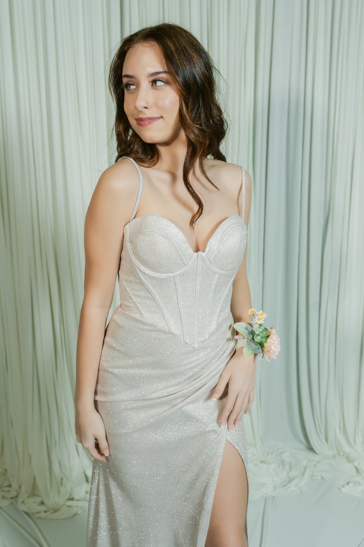 It-Girl Glitter Dusted Corset Thin Strap Formal Dress W/ Slit